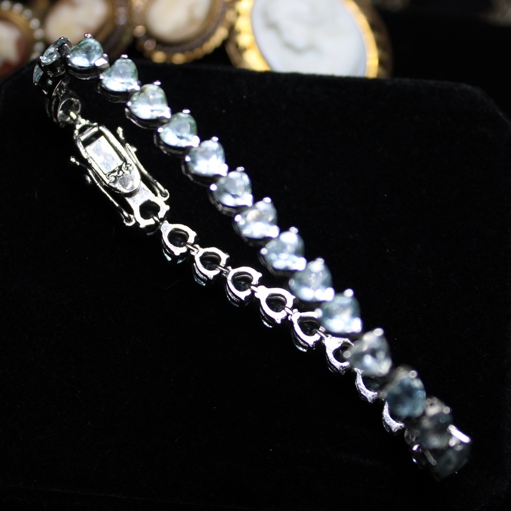 925 Silver silver Heart Gemstone Tennis Bracelet - blue/white heart  Crystal vin